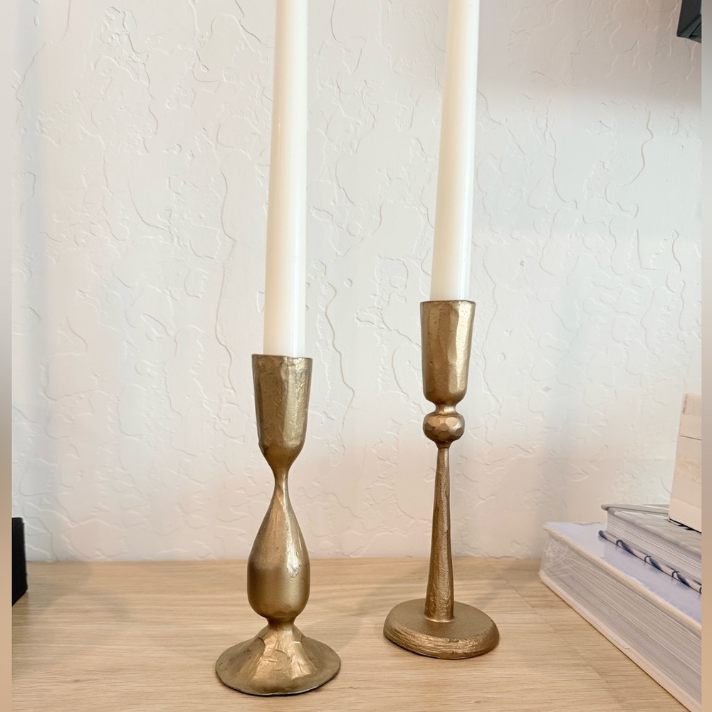 Set Of 2 McGee And Co Antique Brass Taper Candle Holders - Picture 2 of 6